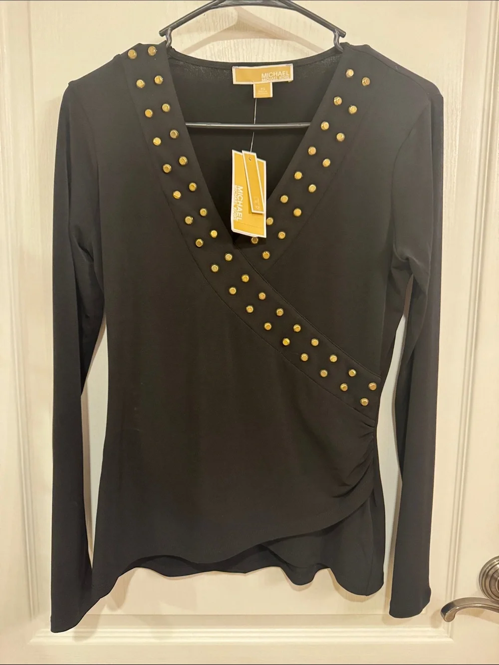 Michael Kors Black Long-Sleeve Wrap Top with Gold Studs